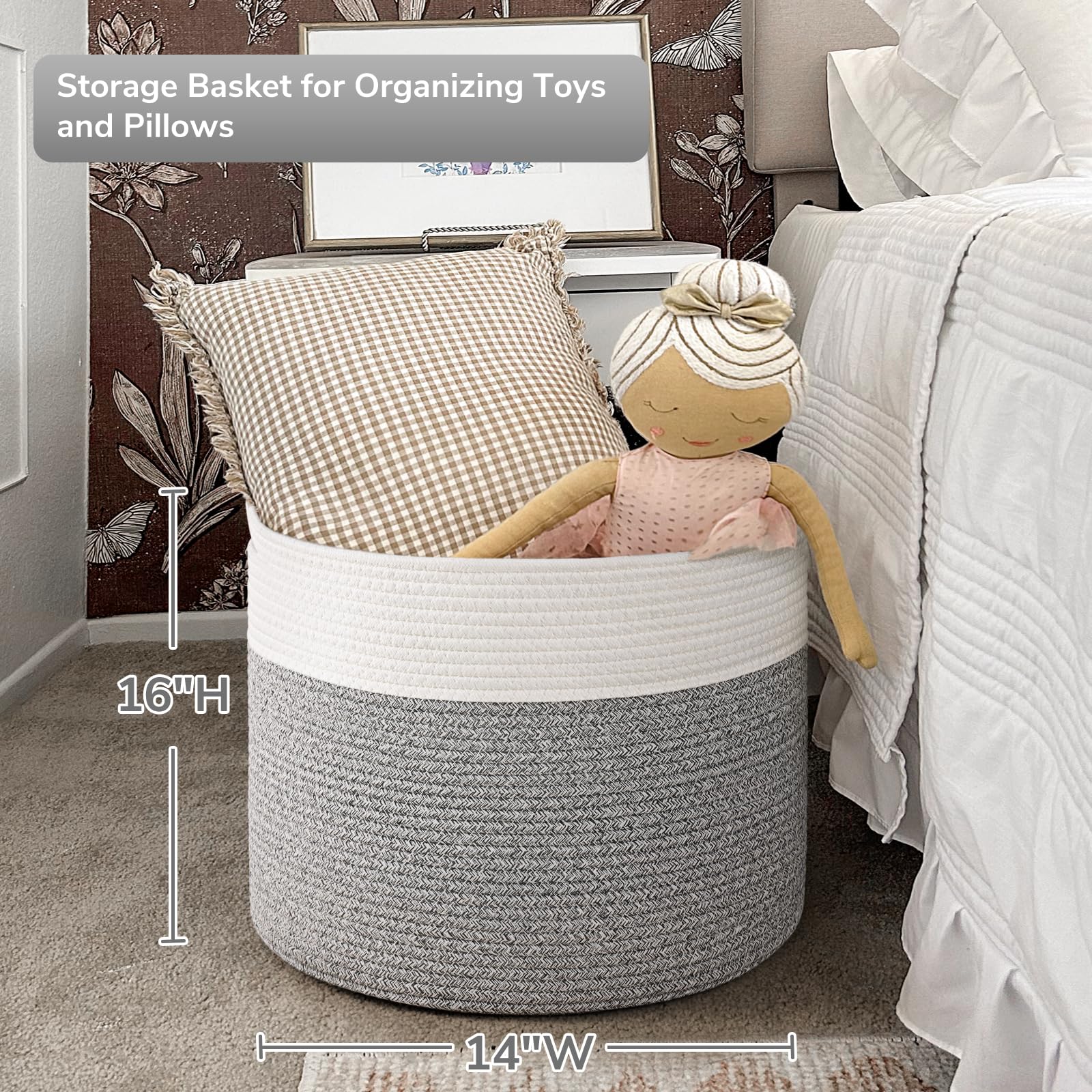 Goodpick blanket basket in neutral grey complements nursery decor while organizing items.
