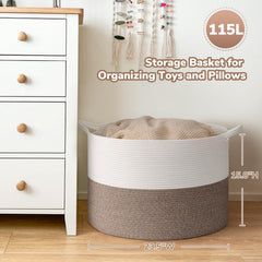 Goodpick blanket storage basket in nursery keeps toys neatly contained.