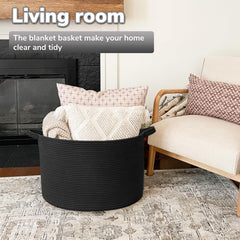 Goodpick blanket basket two handles for easy room-to-room transport.