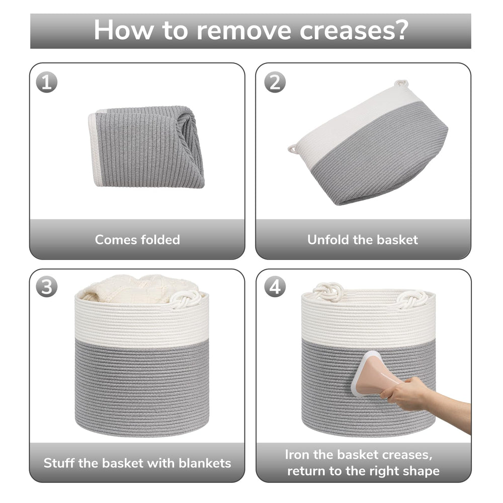 Goodpick storage basket in a living room, neutral gray complements decor.