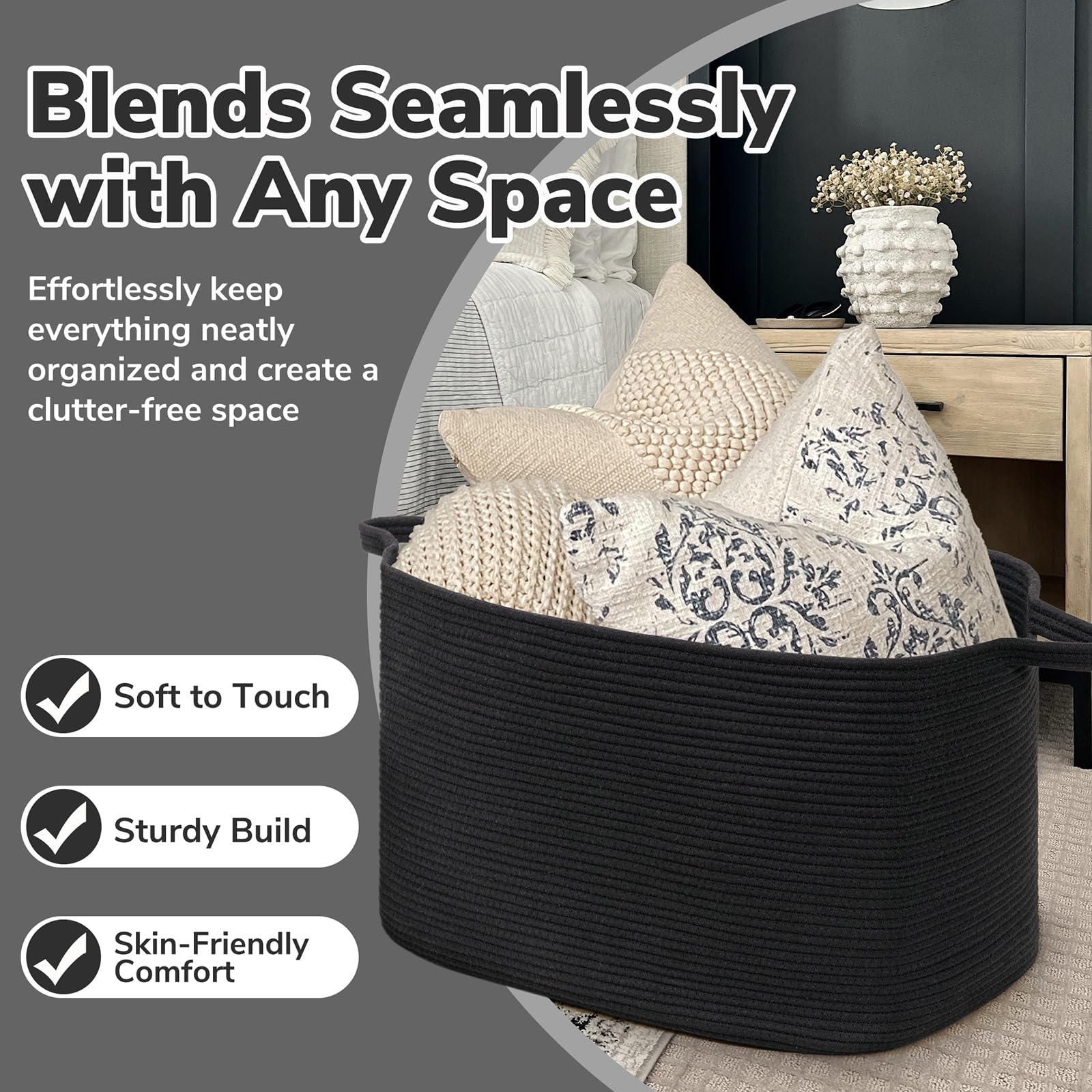 Goodpick extra large storage basket in living room shows versatile storage and tidy aesthetics