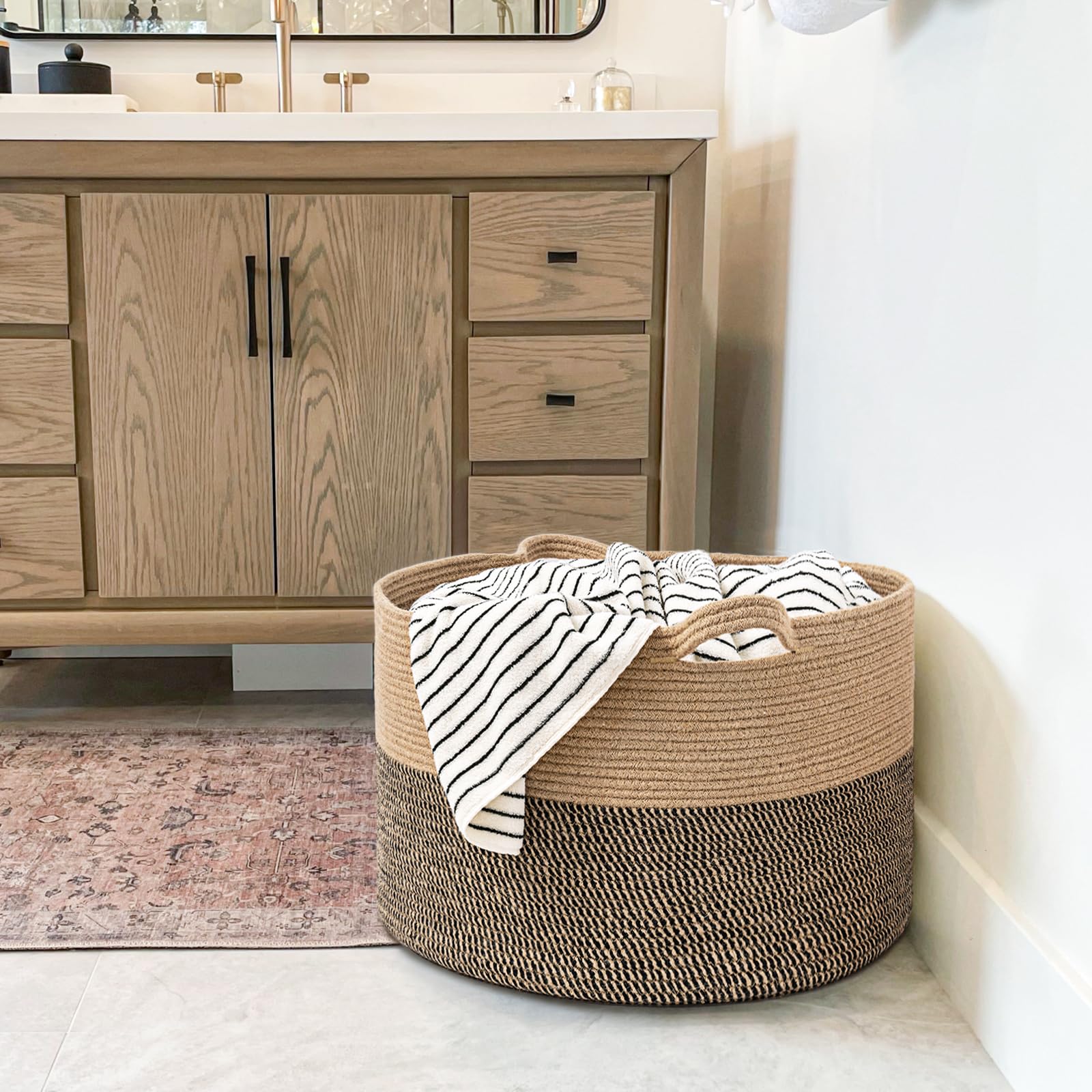 Goodpick 83L wicker basket with blankets piled inside for cozy storage