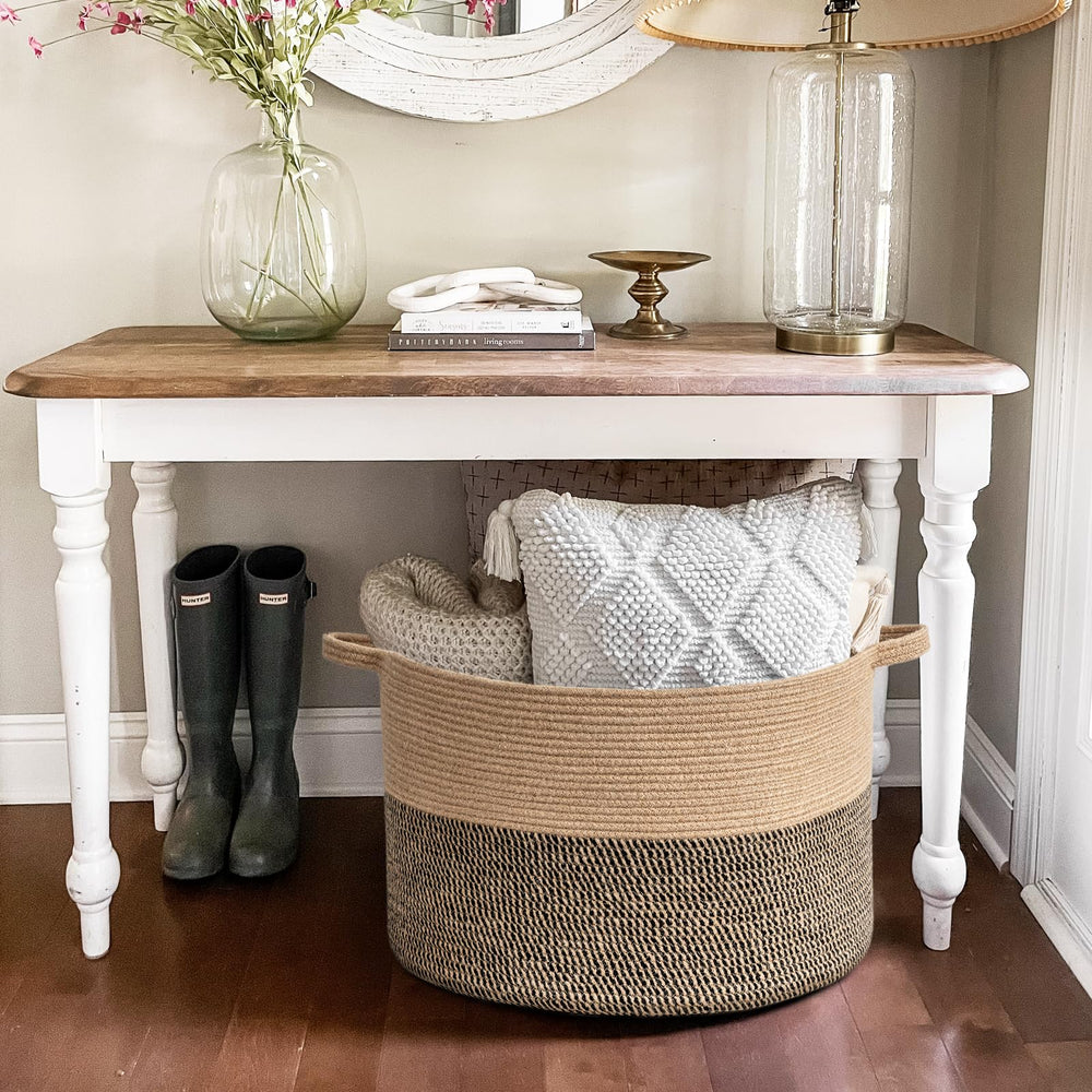 Goodpick 83L wicker basket in living room demonstrates decorative organization