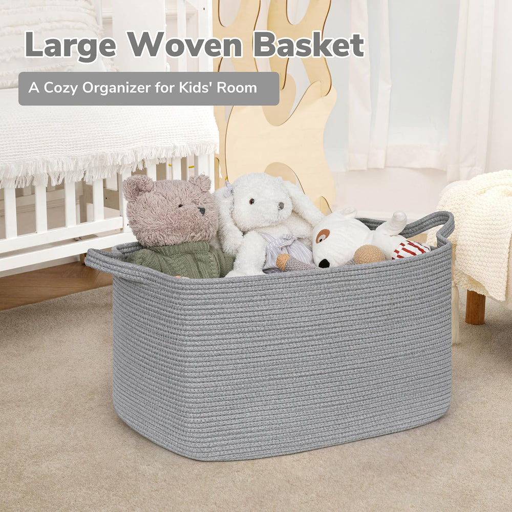 Goodpick gray basket in a bedroom showing soft rope texture protecting fabrics.