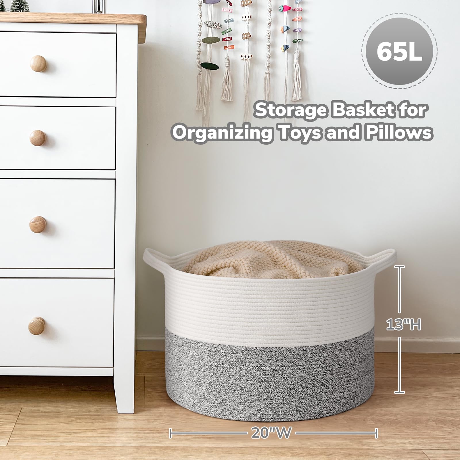 Goodpick grey basket enhances decor while tidying toys in the living room.