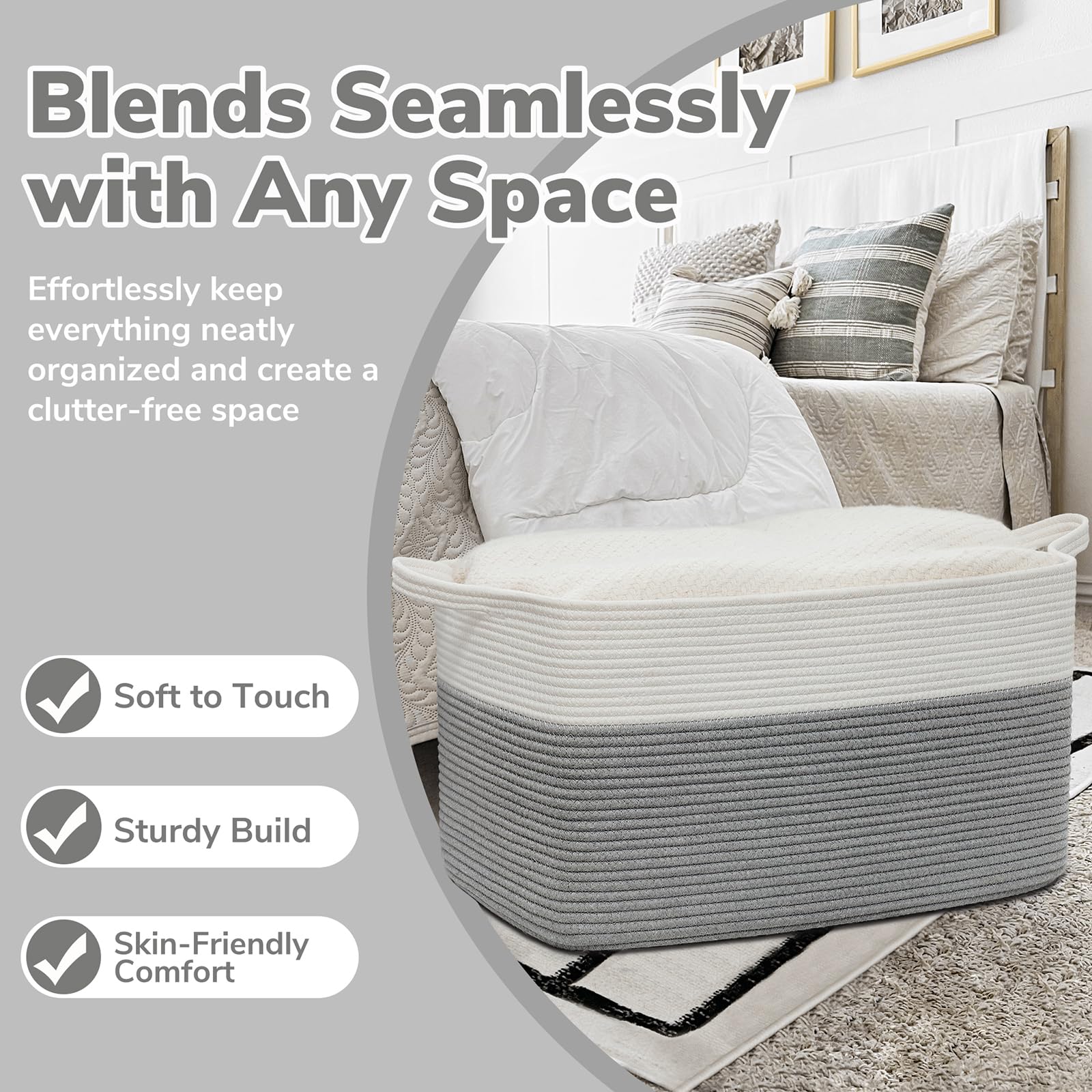 Goodpick grey storage basket in living room with blankets and pillows.