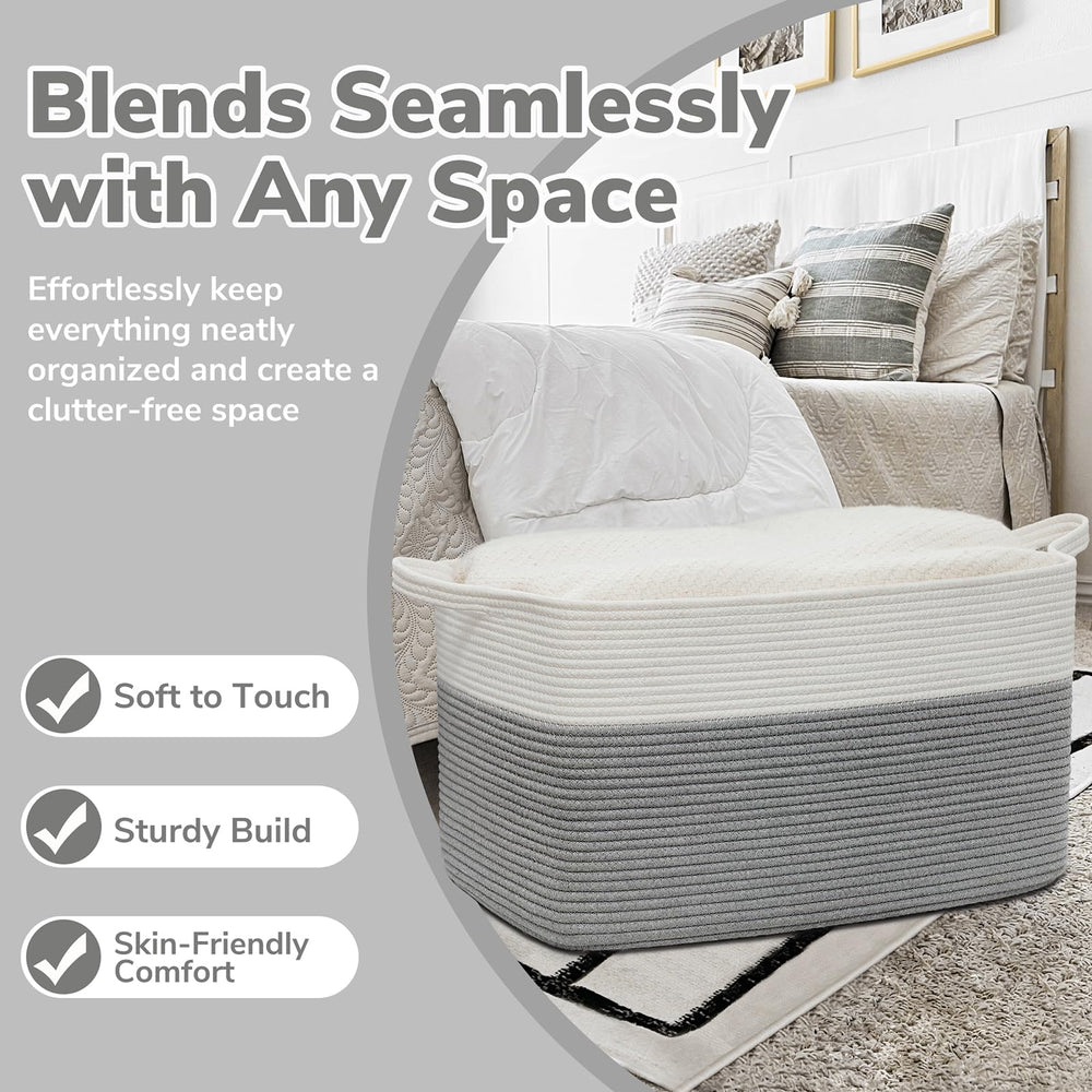 Goodpick grey storage basket in living room with blankets and pillows.