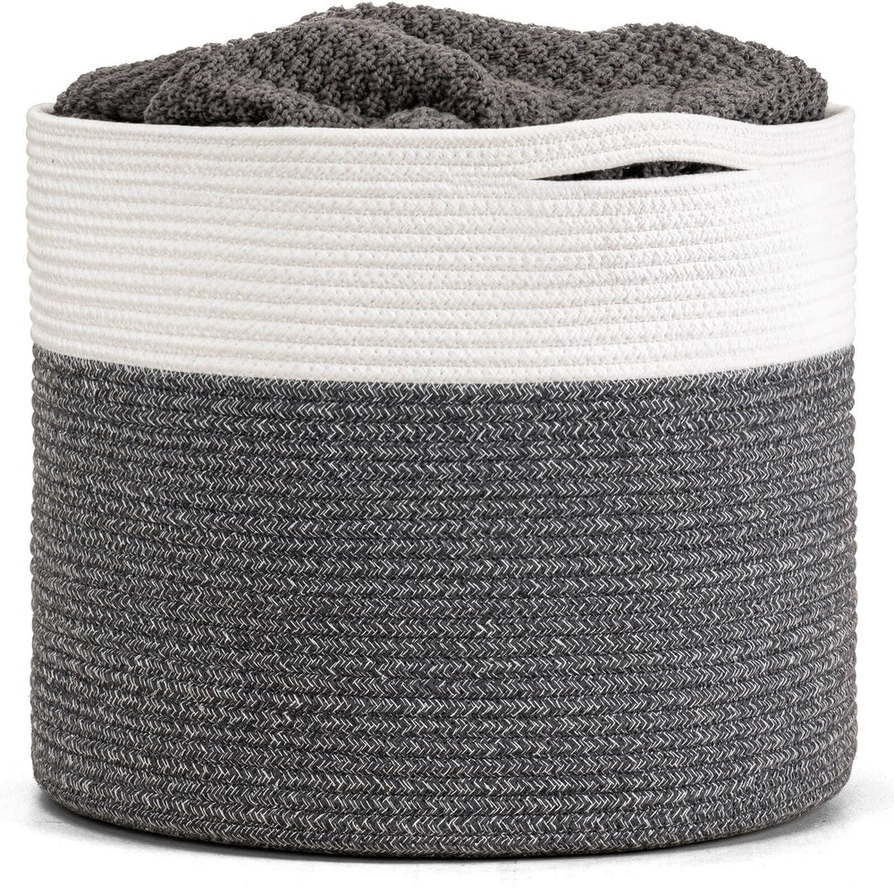 Goodpick Large Cotton Rope Basket front view in gray showing spacious storage for blankets and toys.