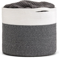 Goodpick Large Cotton Rope Basket front view in gray showing spacious storage for blankets and toys.