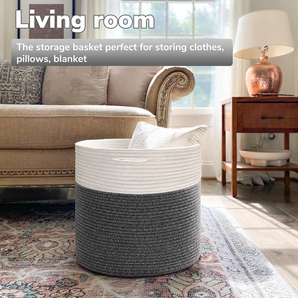 Goodpick Large Cotton Rope Basket living room setup demonstrates neutral decor and easy access.
