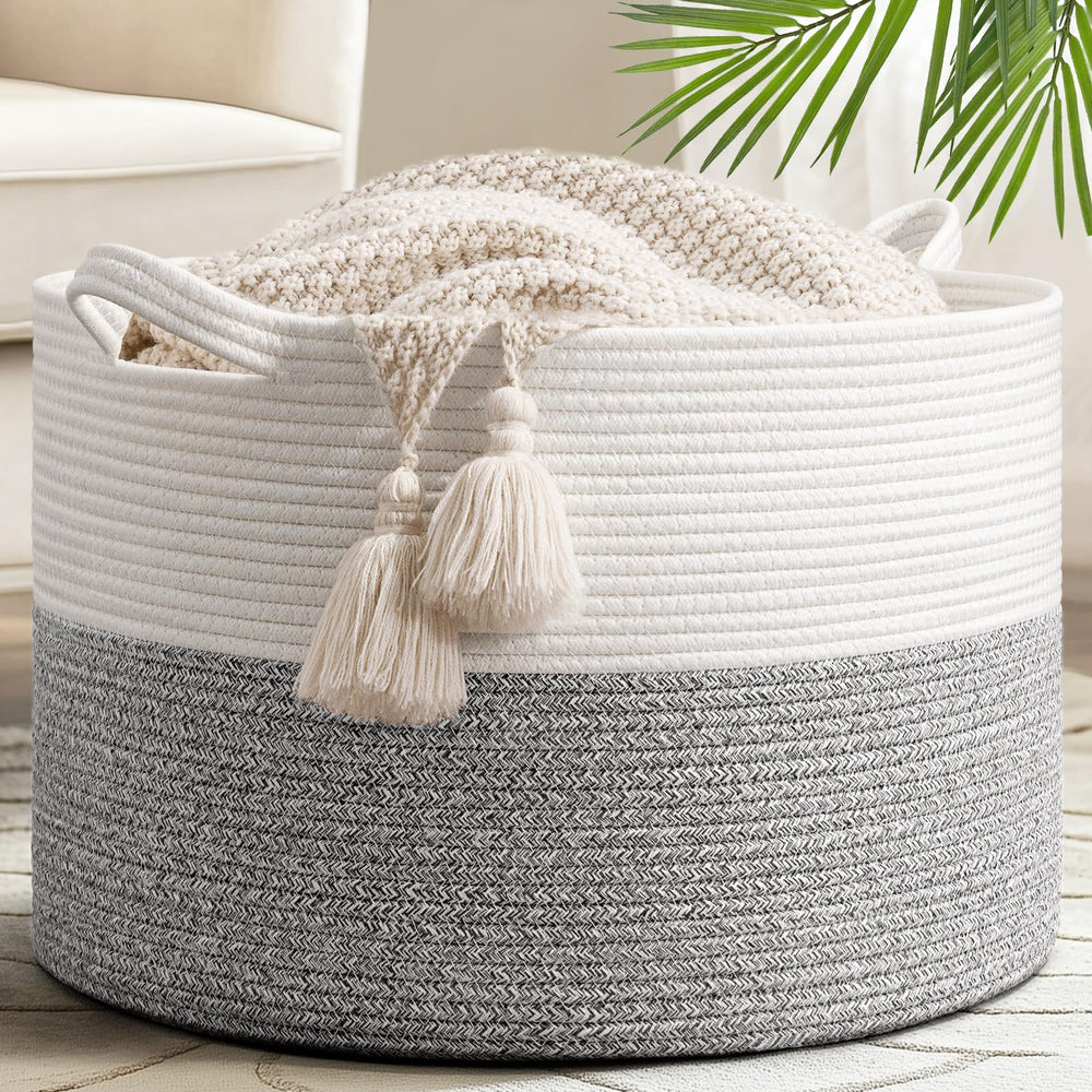 Goodpick large storage basket for blanket storage keeps living room tidy.