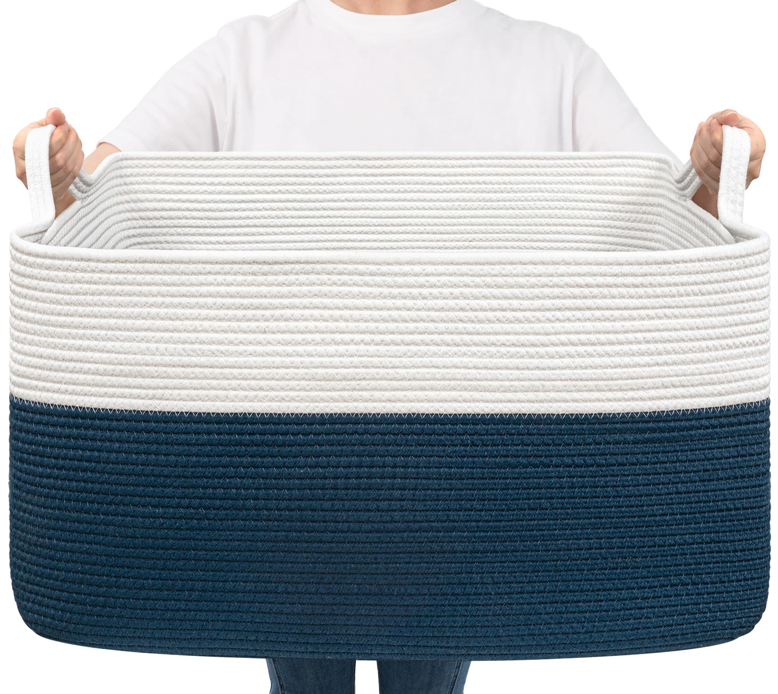Goodpick blue storage basket holds blankets for a tidy living room.
