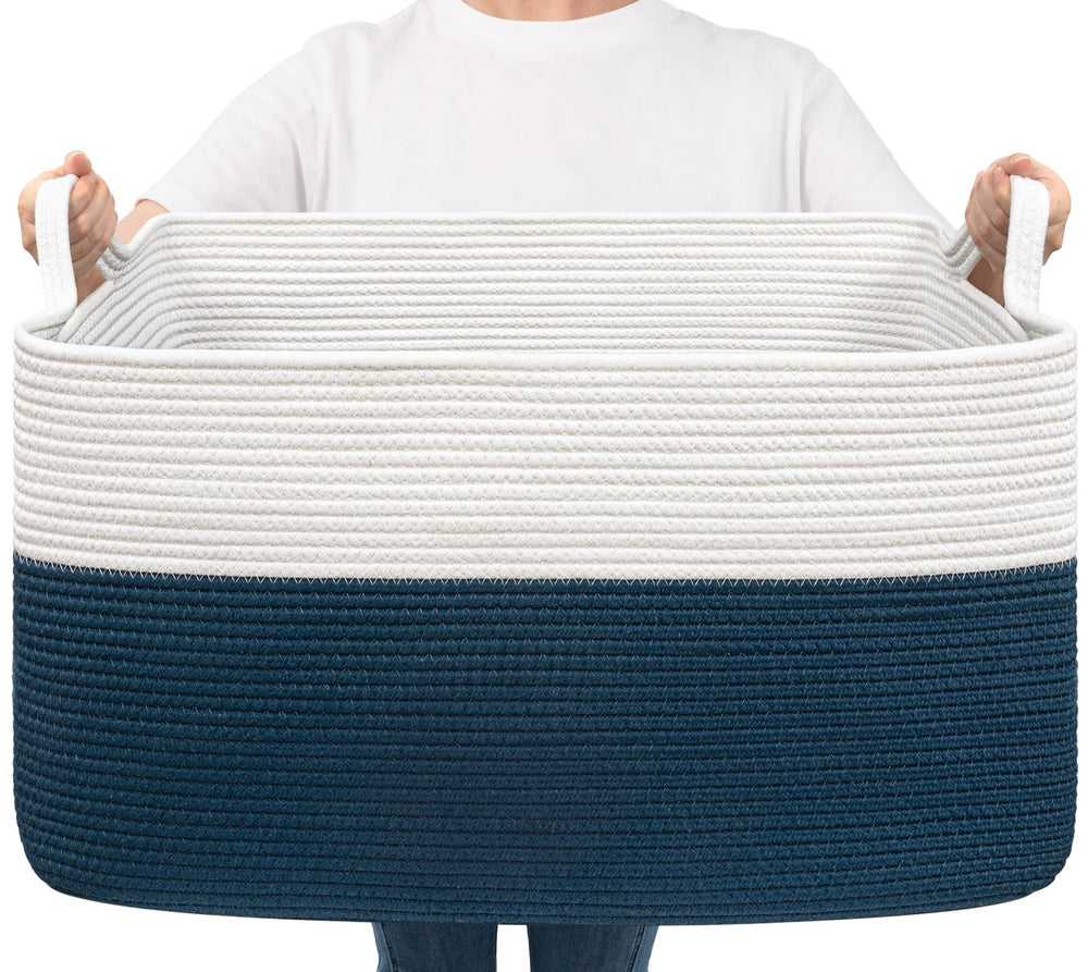 Goodpick blue storage basket holds blankets for a tidy living room.