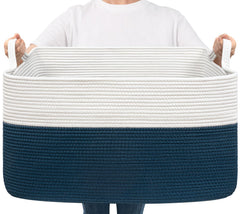Goodpick blue storage basket holds blankets for a tidy living room.