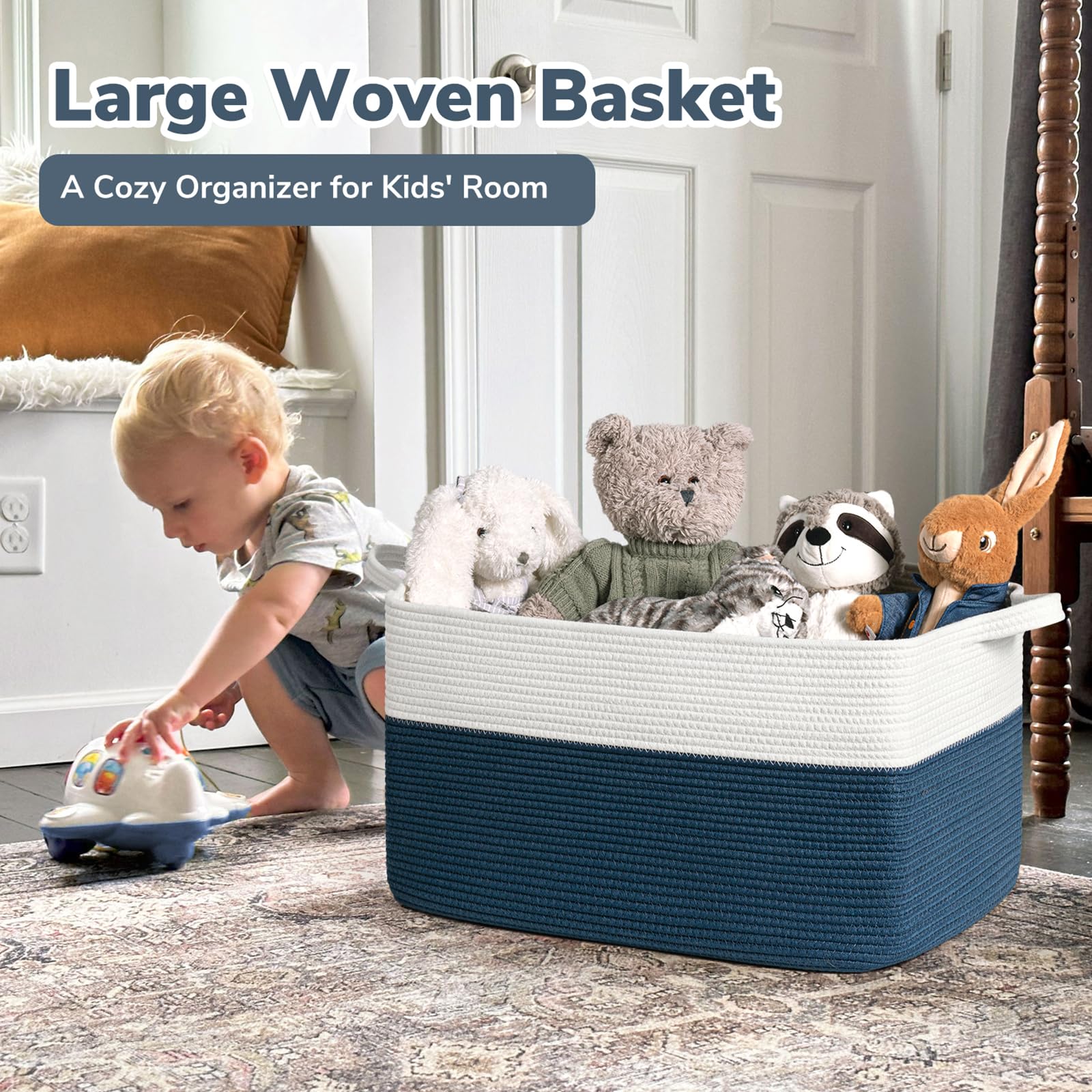 Goodpick blue laundry basket-rectangle organizes laundry in the laundry room.