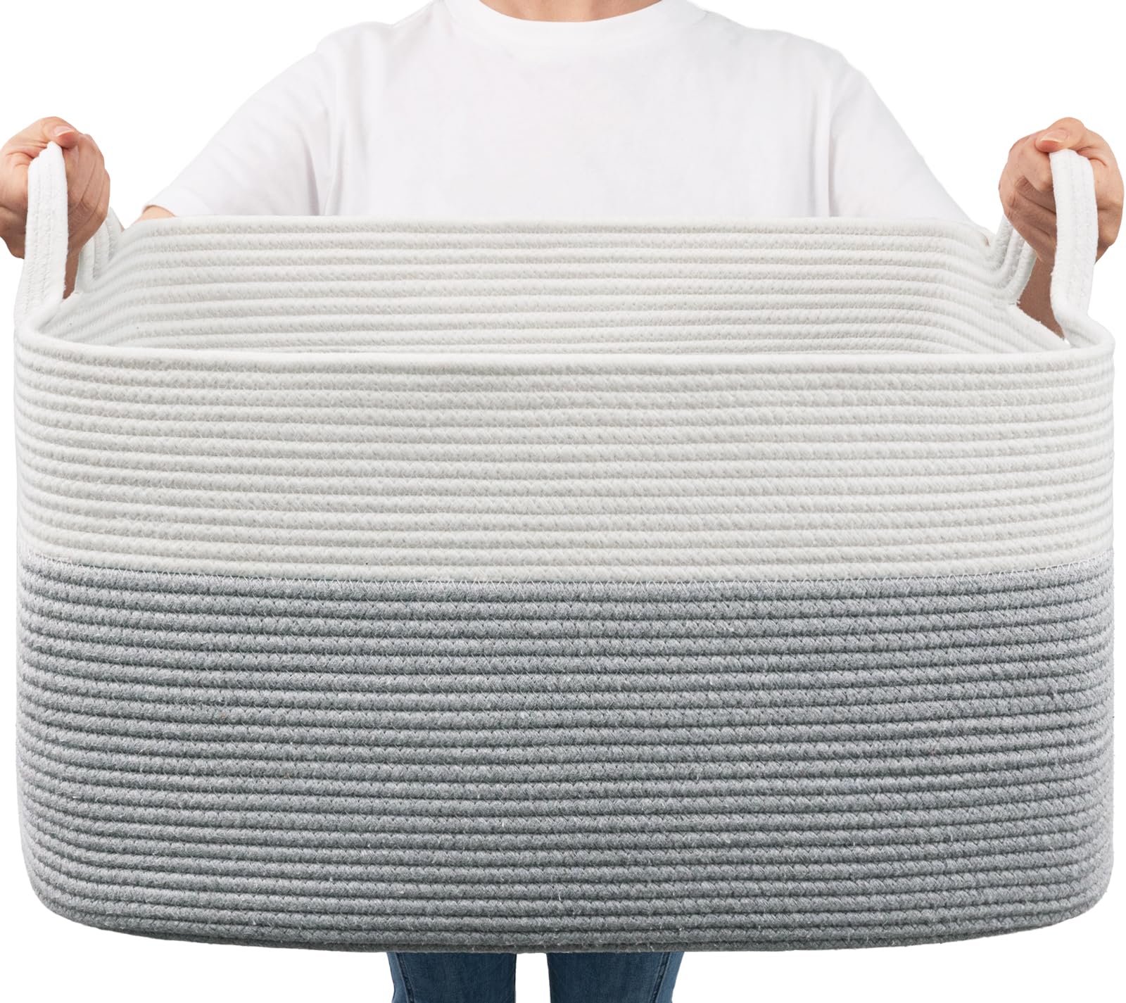 Goodpick large toy storage basket with grey cotton rope and sturdy handles for easy organizing.
