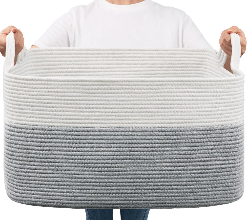 Goodpick large toy storage basket with grey cotton rope and sturdy handles for easy organizing.