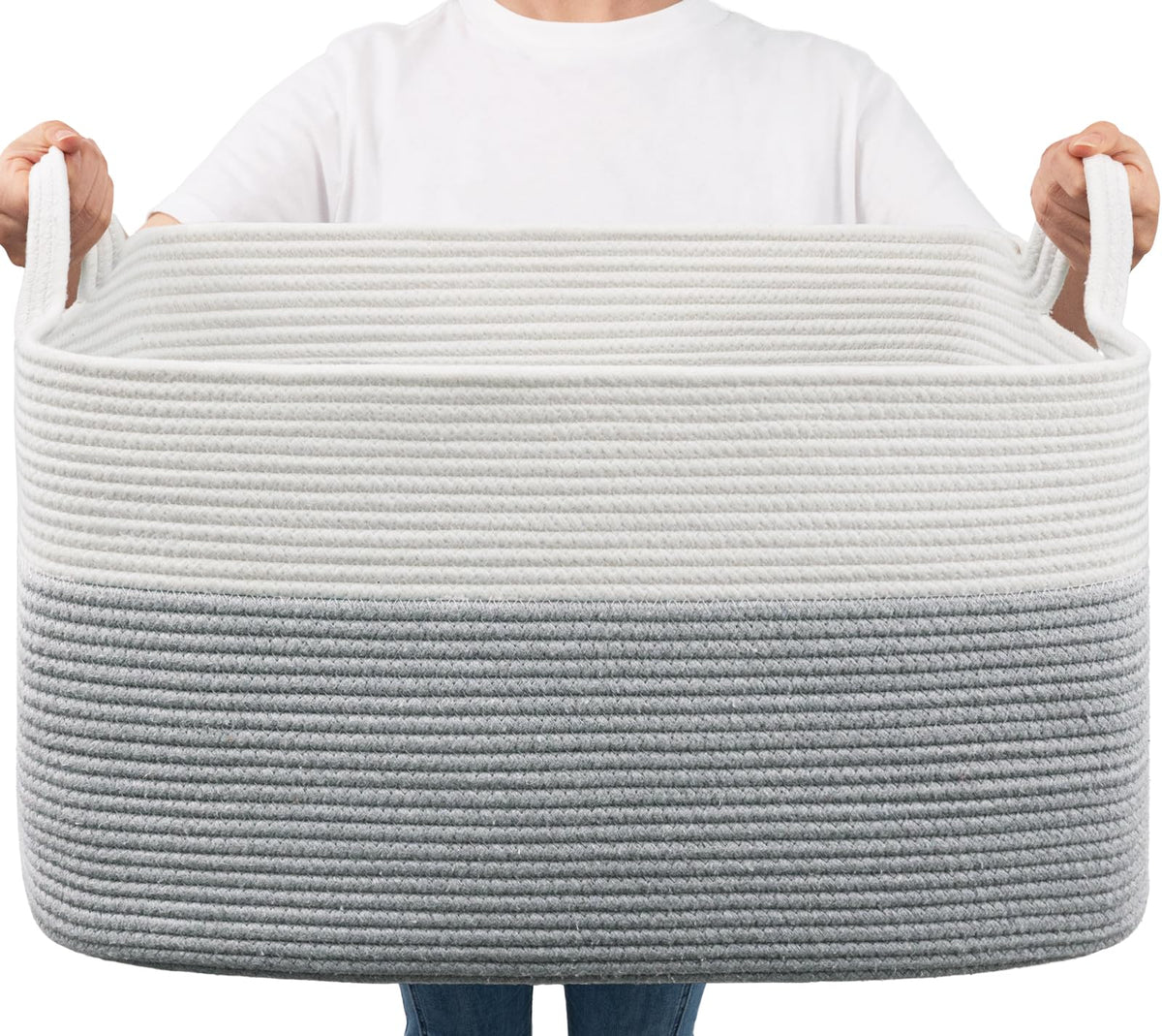 Goodpick large toy storage basket with grey cotton rope and sturdy handles for easy organizing.