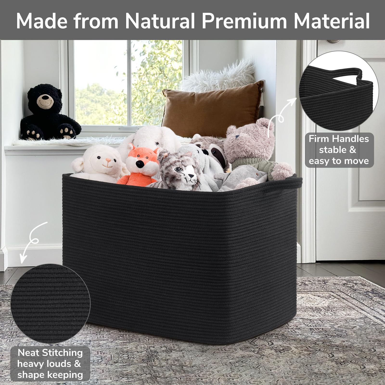 Goodpick Large Woven Basket in laundry area with handles for easy carrying.