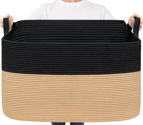 Goodpick large woven blanket basket in black and jute for organizing blankets and toys