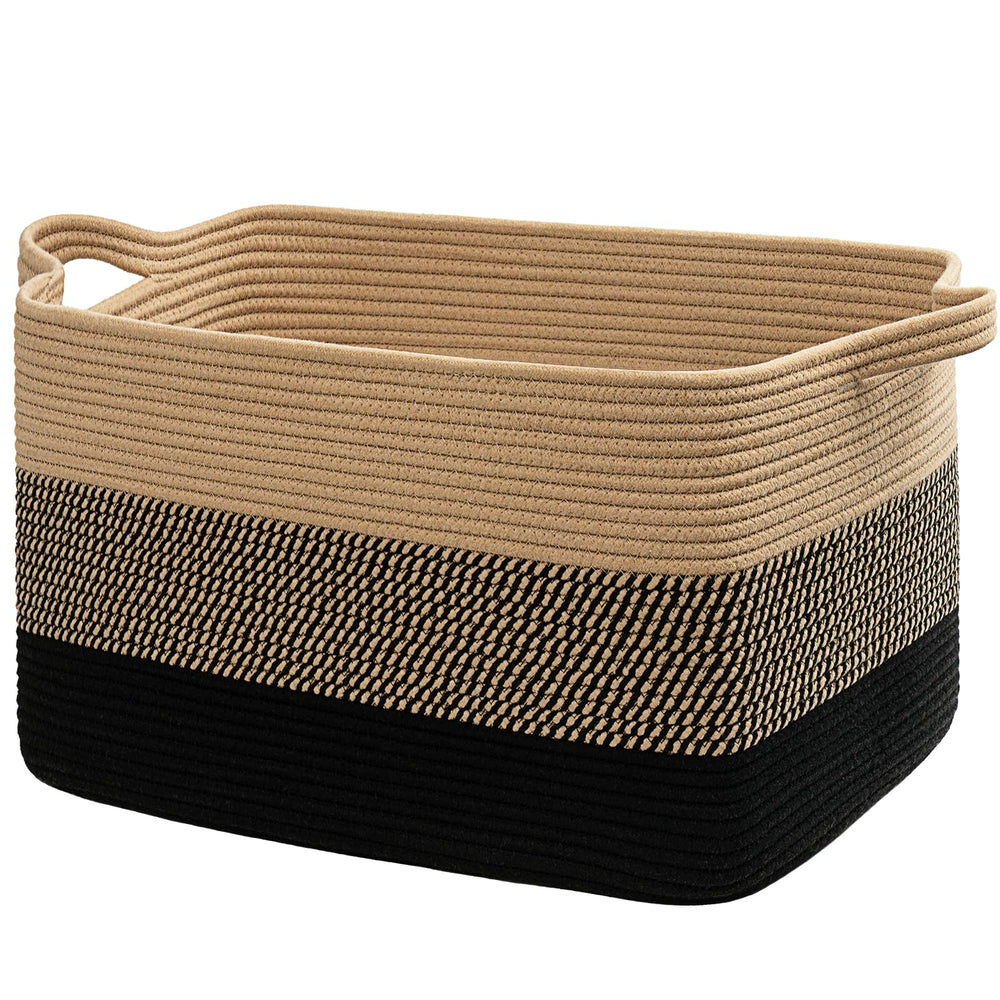 Goodpick blanket basket front view, stylish black and jute mix with ample laundry storage.