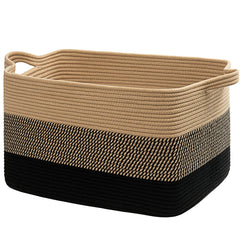 Goodpick blanket basket front view, stylish black and jute mix with ample laundry storage.