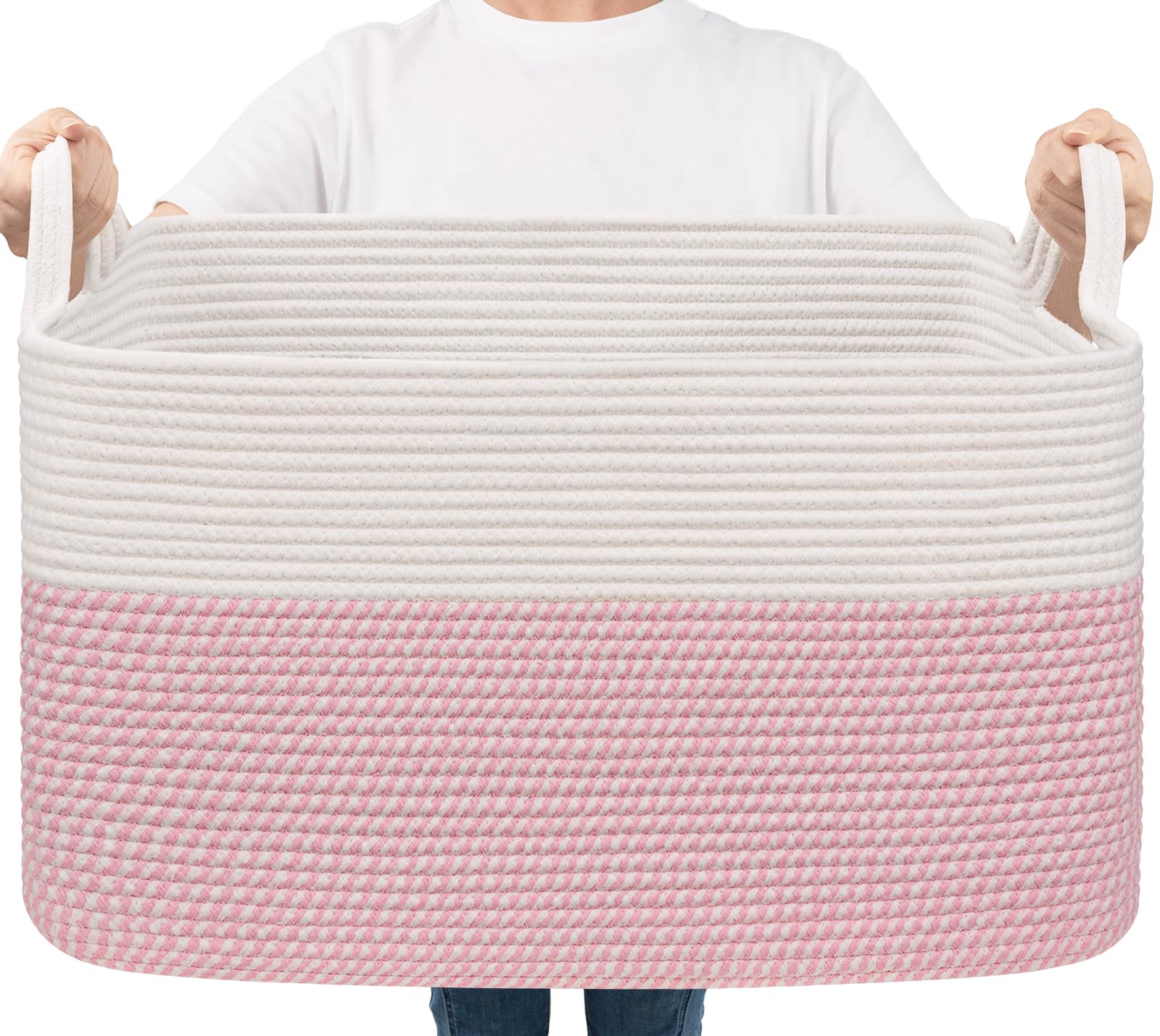 Goodpick large woven blanket basket, white-pink, ideal for nursery storage and laundry organization