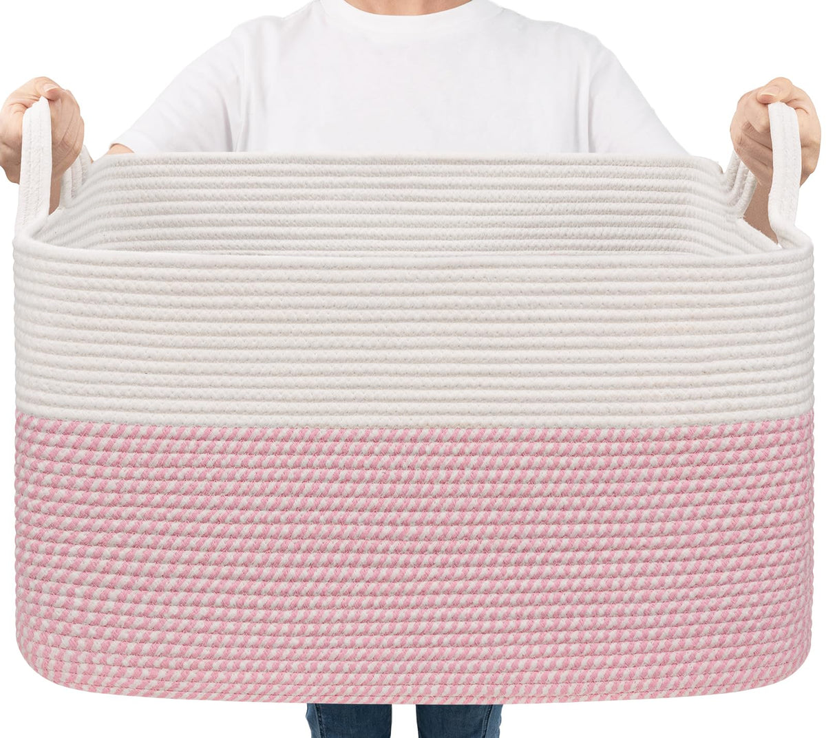 Goodpick large woven blanket basket, white-pink, ideal for nursery storage and laundry organization