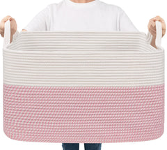 Goodpick large woven blanket basket, white-pink, ideal for nursery storage and laundry organization