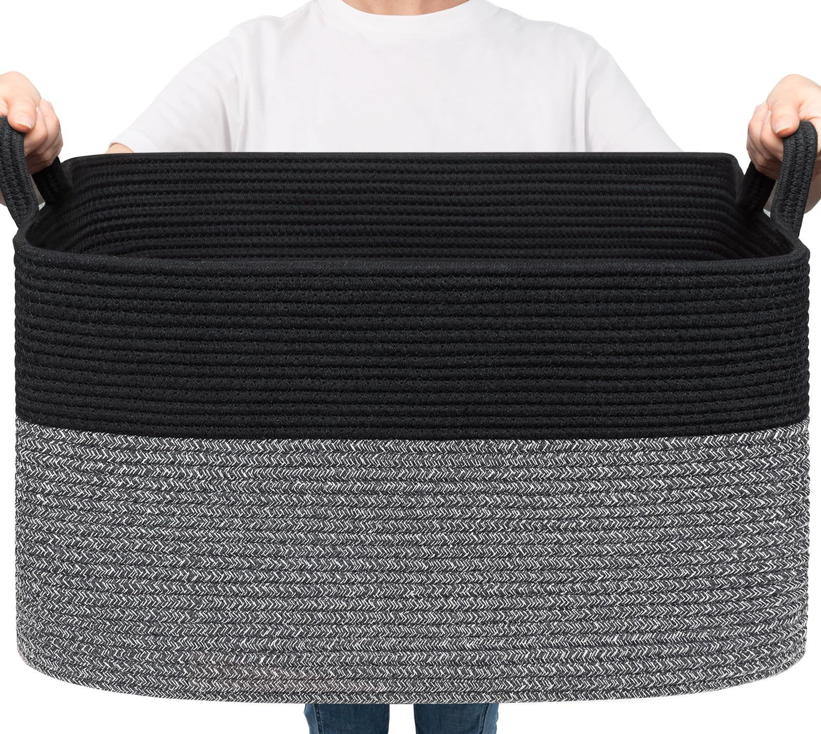 Goodpick Large Woven Blanket Basket open-top view shows sturdy handles for easy storage