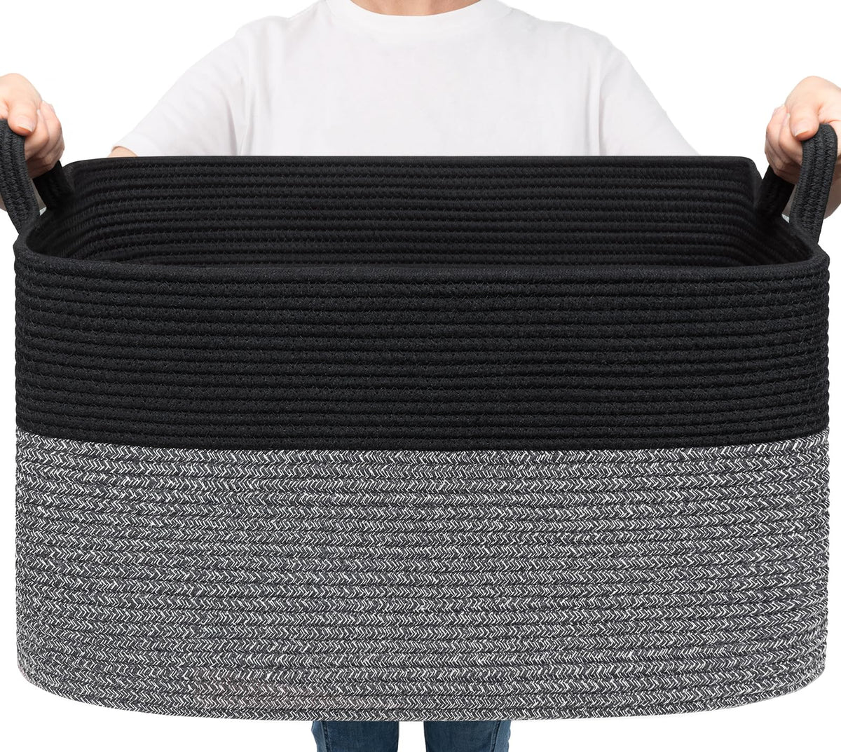 Goodpick Large Woven Blanket Basket open-top view shows sturdy handles for easy storage