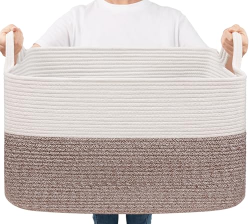 Goodpick large woven blanket basket for easy toy and blanket storage in living room.