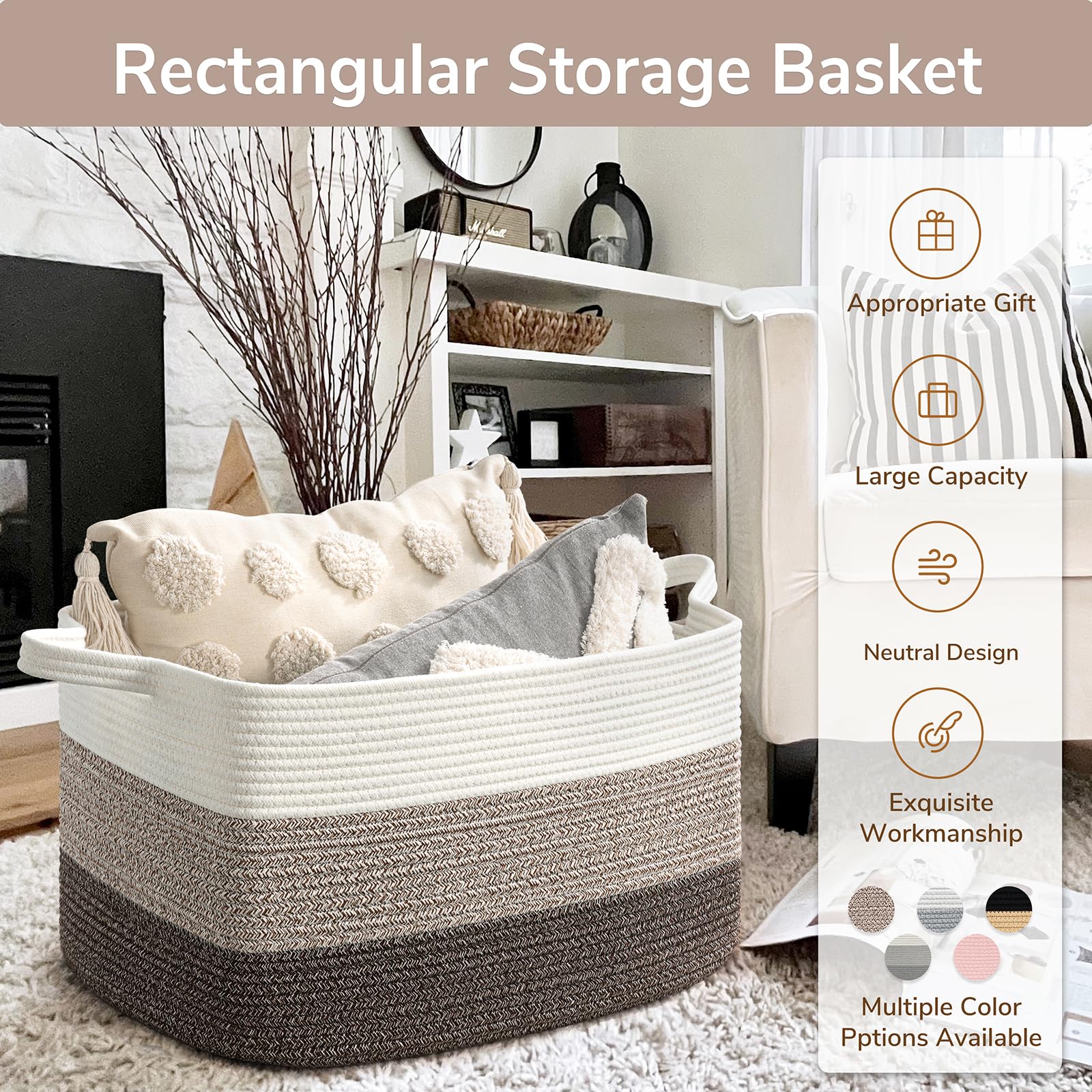 Goodpick large woven storage basket in a bedroom setup for towels and blankets