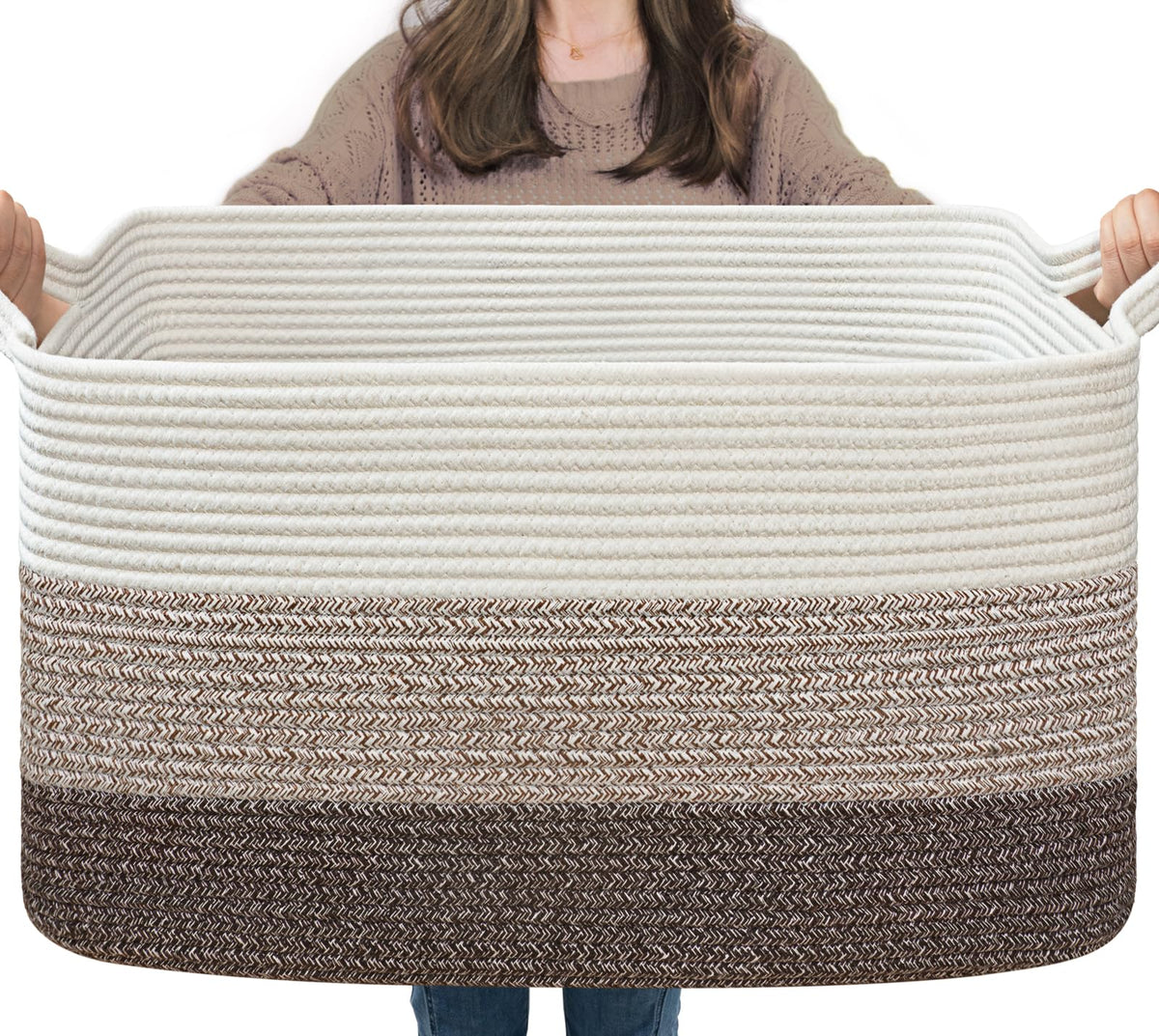 Goodpick large woven storage basket with blankets on a couch for easy living room organization