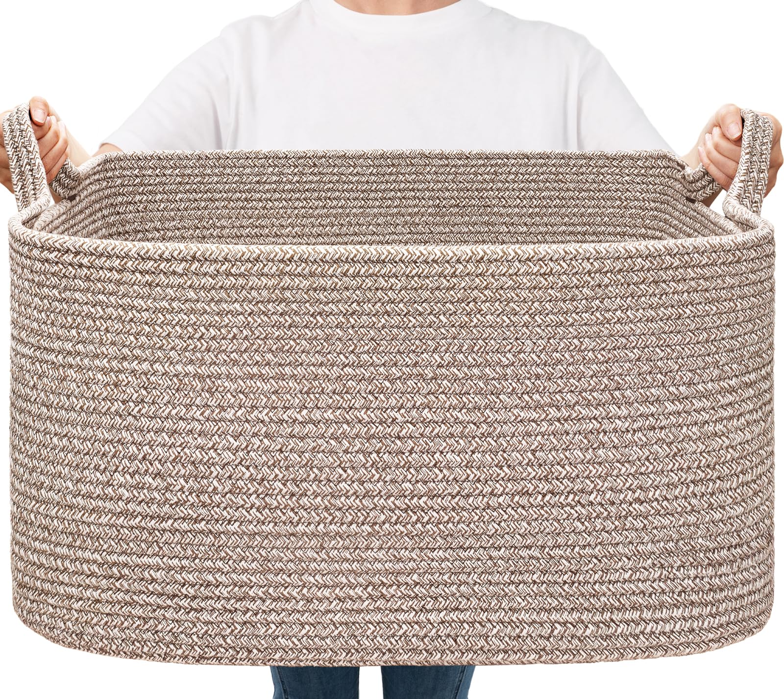 Goodpick large woven storage basket filled with blankets for organized living room storage