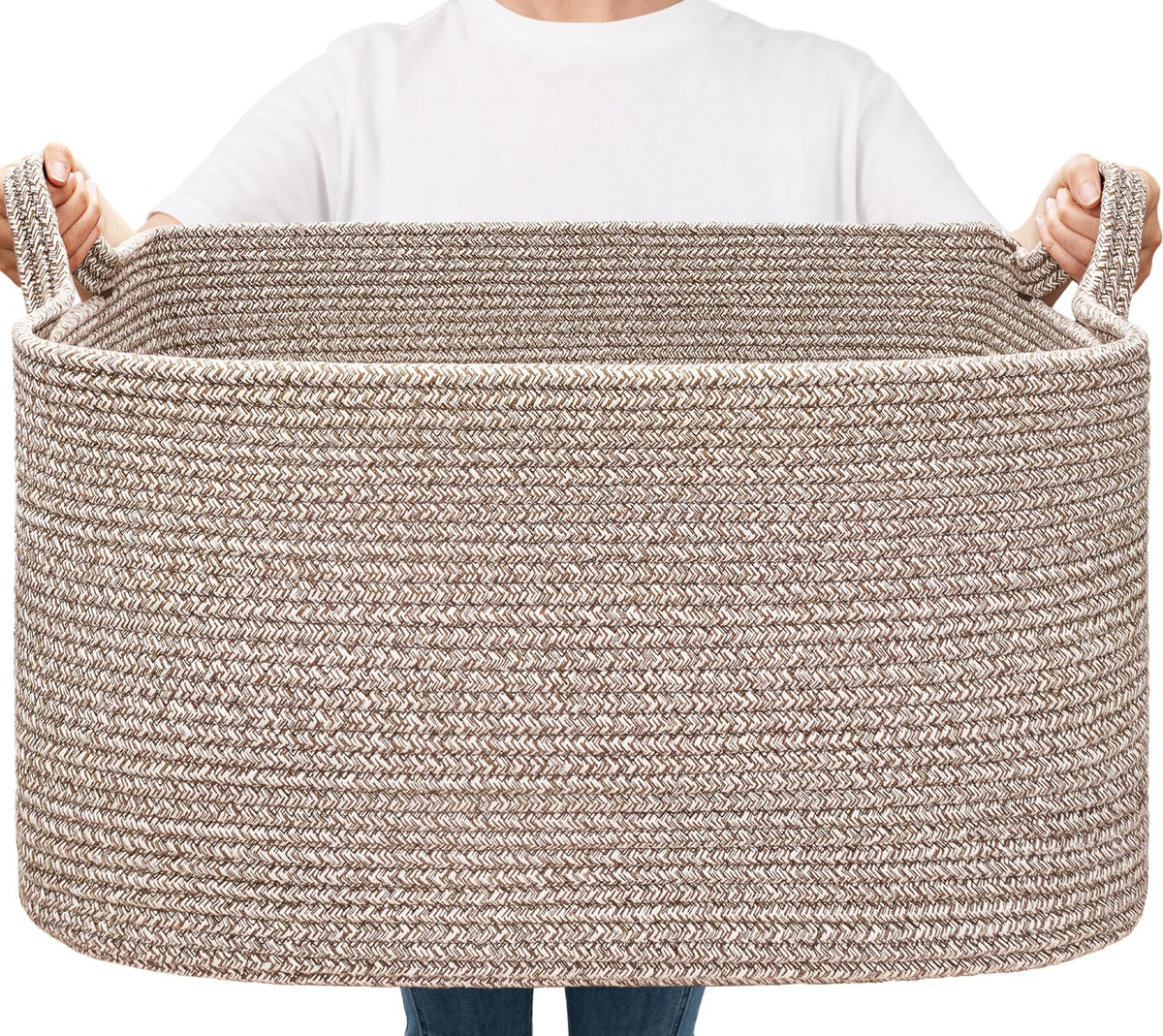 Goodpick large woven storage basket filled with blankets for organized living room storage