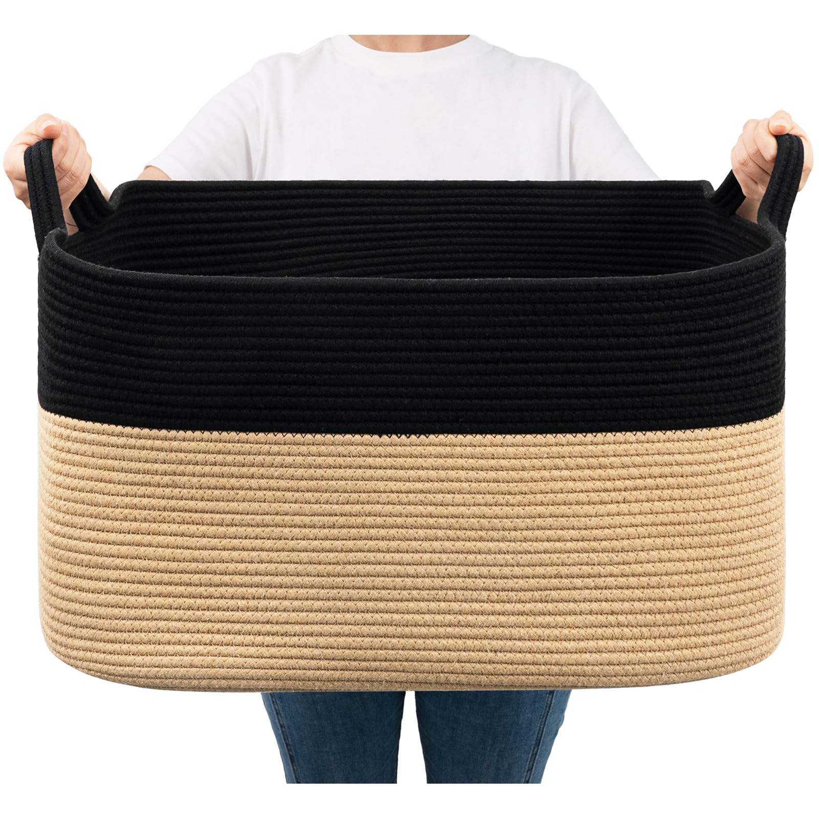 Goodpick large woven storage basket front view showing roomy 75L capacity for blankets