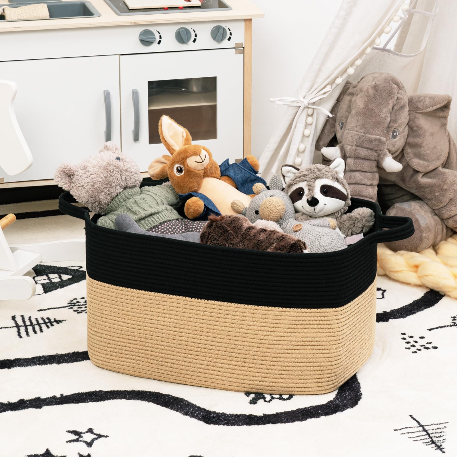Goodpick basket in living room blending with decor and providing organized storage