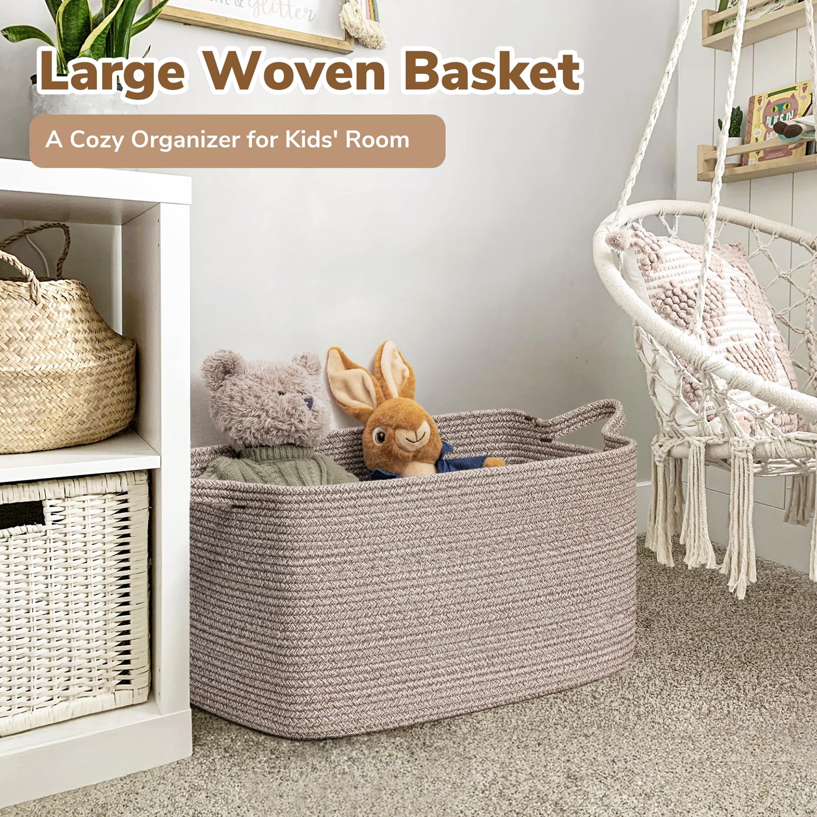 Goodpick large woven storage basket on living room floor adds neutral decor and storage