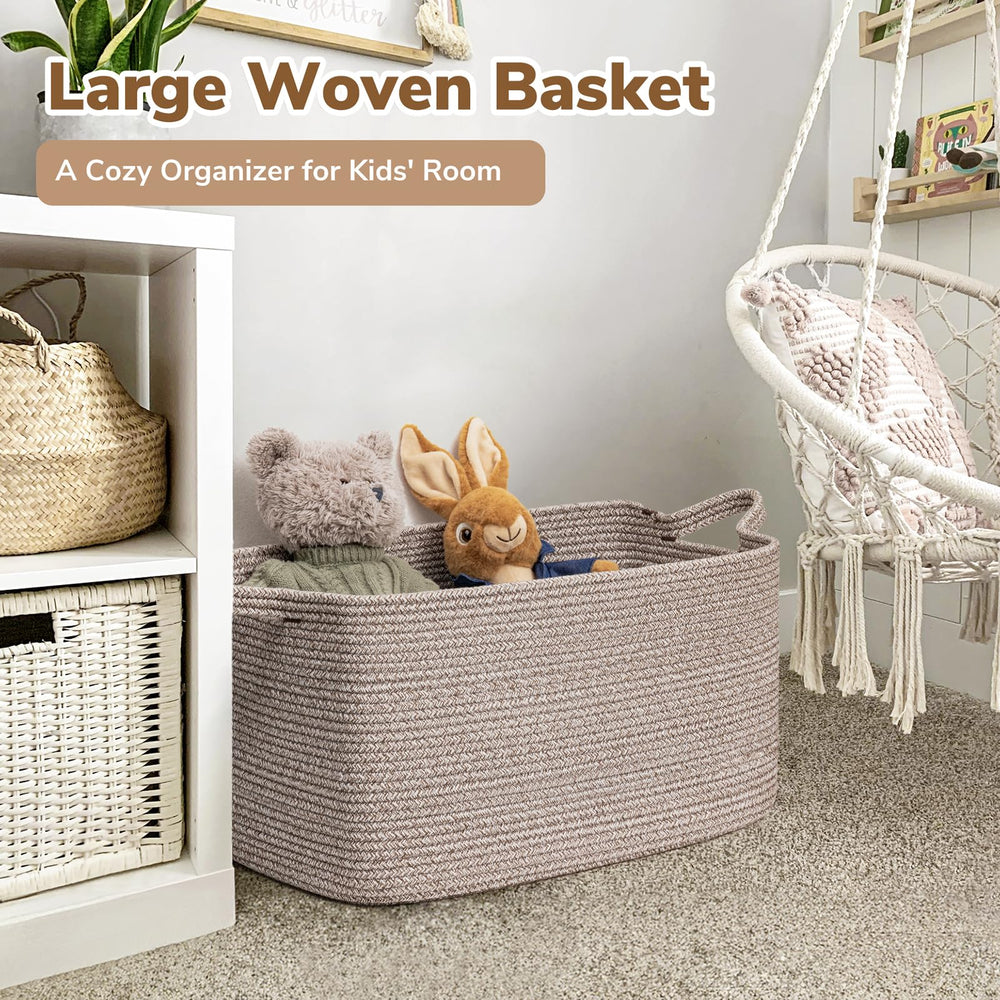 Goodpick large woven storage basket on living room floor adds neutral decor and storage