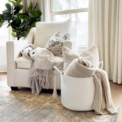Goodpick laundry basket side handles for easy carrying between rooms.