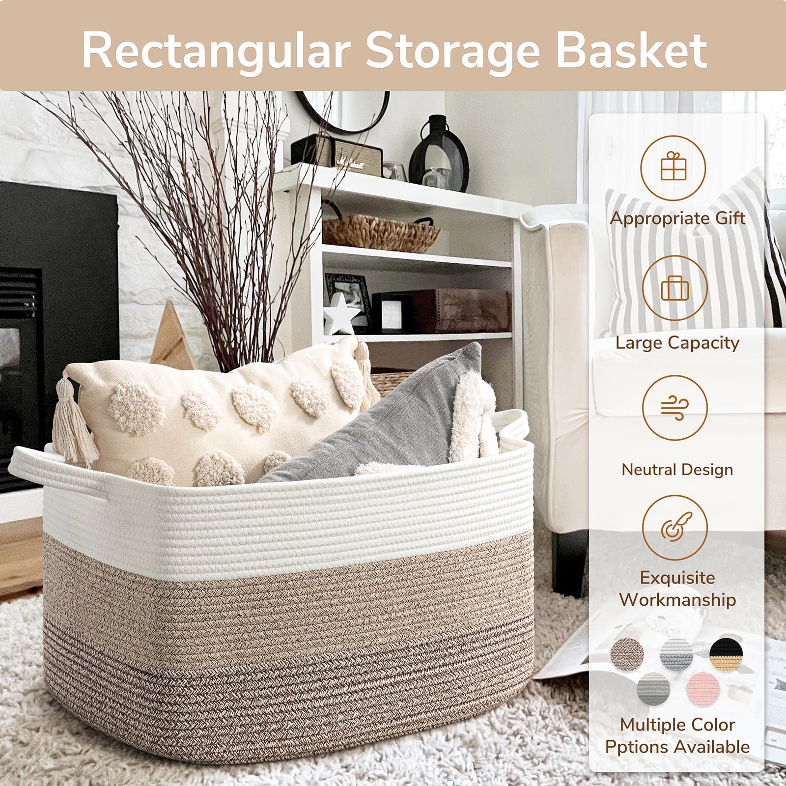 Goodpick neutral toned basket keeps bedroom organized with extra blankets