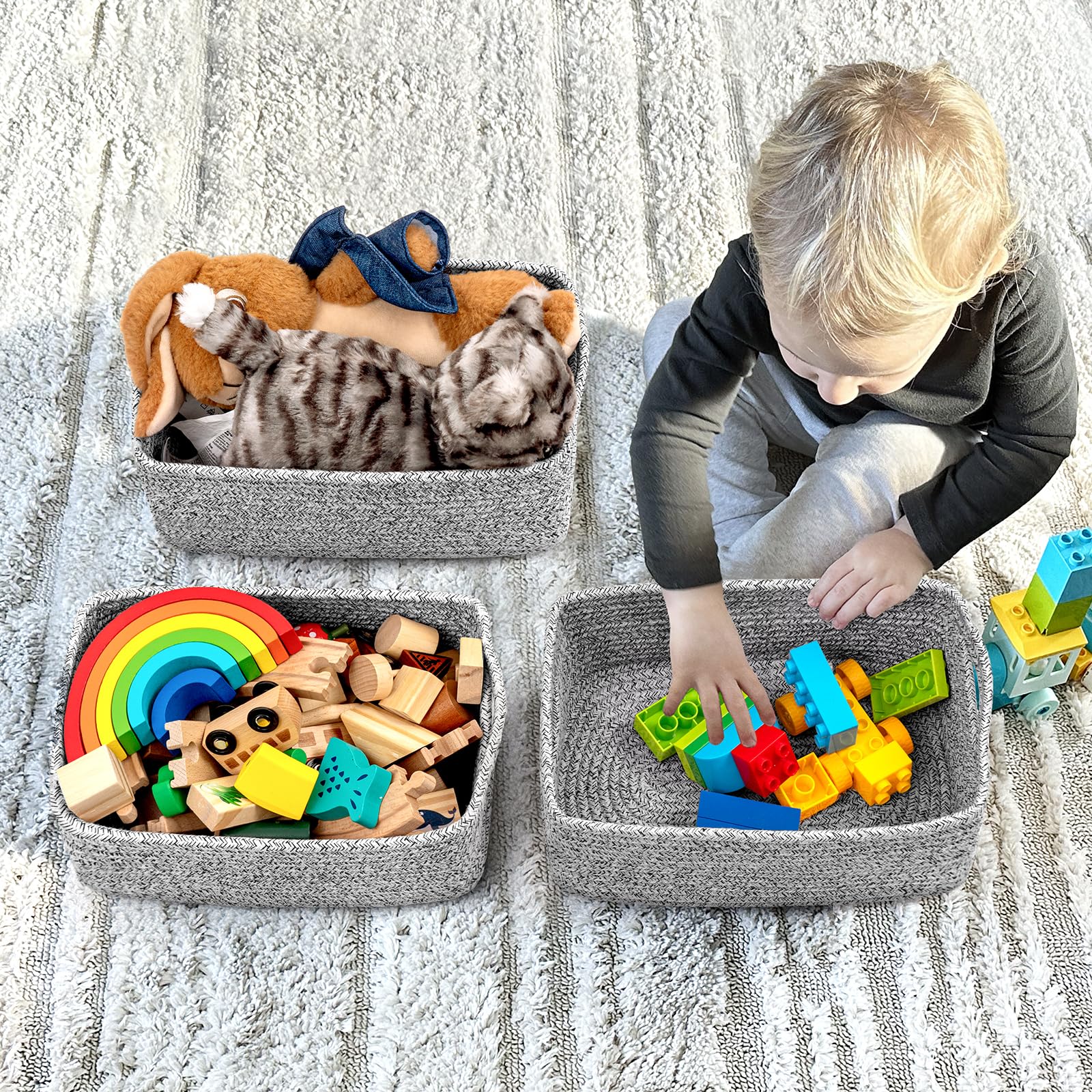 Goodpick organizer basket set holding toys and remotes to reduce clutter.
