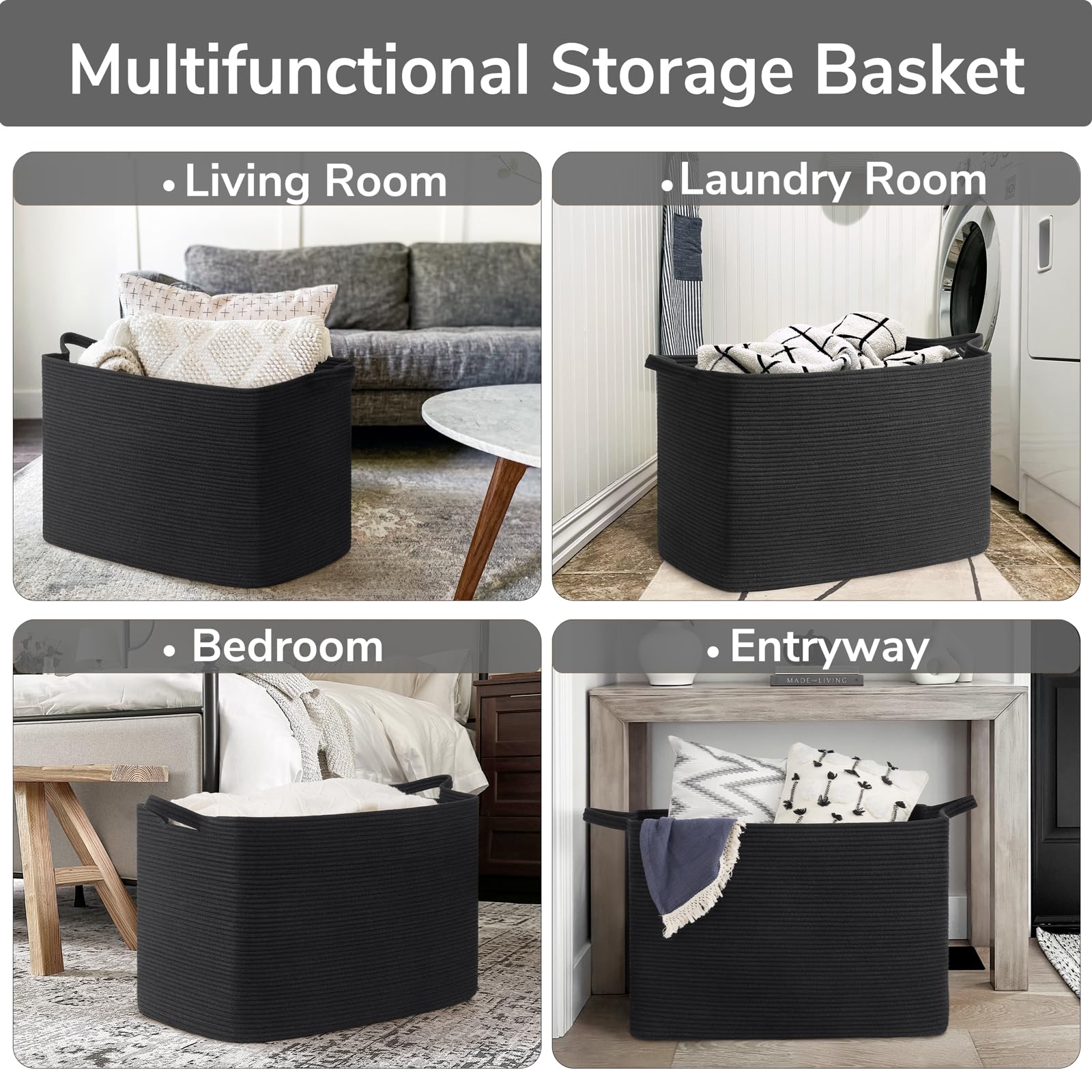 Goodpick Rectangle Cotton Rope Basket in bedroom keeps clothes organized.