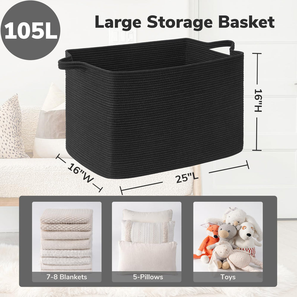 Goodpick Rectangle Cotton Rope Basket in living room adds versatile storage for pillows and towels.