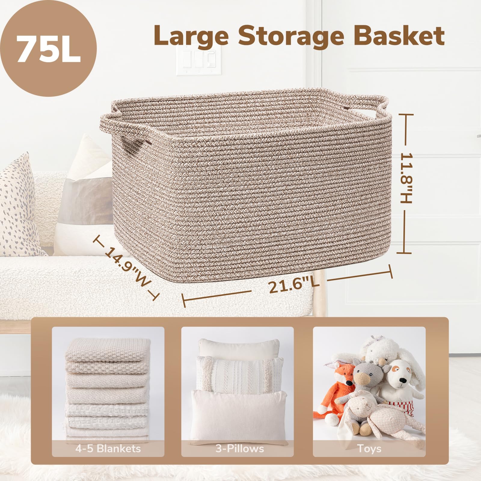 Goodpick rectangle woven storage basket placed on a shelf for clothes organization