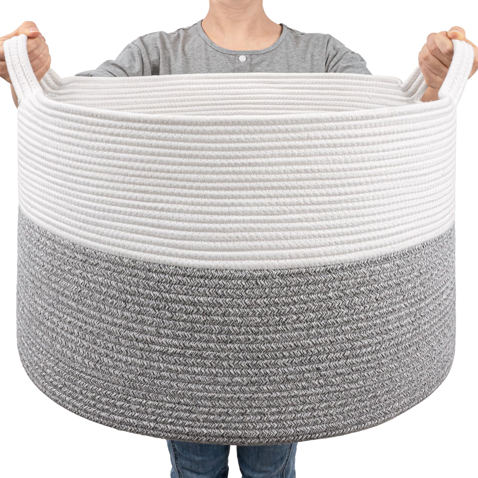 Goodpick rope basket 83L full view highlights ample storage for blankets and toys.