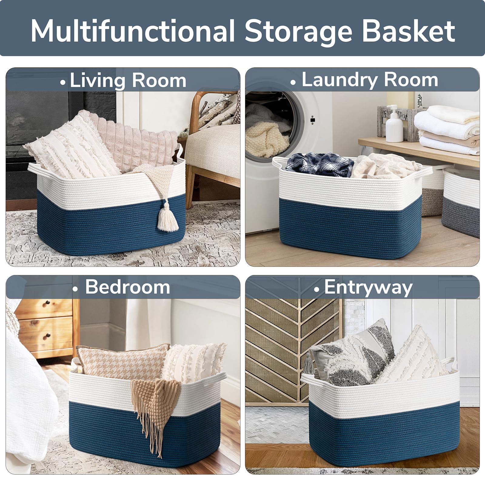 Goodpick rope basket blue with handles makes lifting easy.