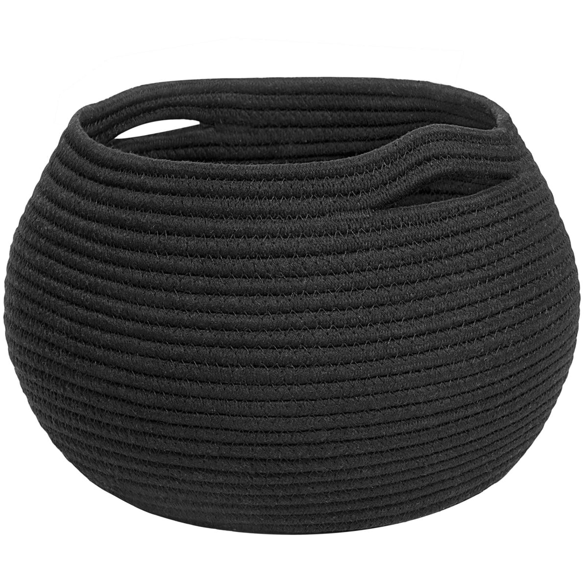 Goodpick black round rope storage basket shows compact round design for tidy spaces.