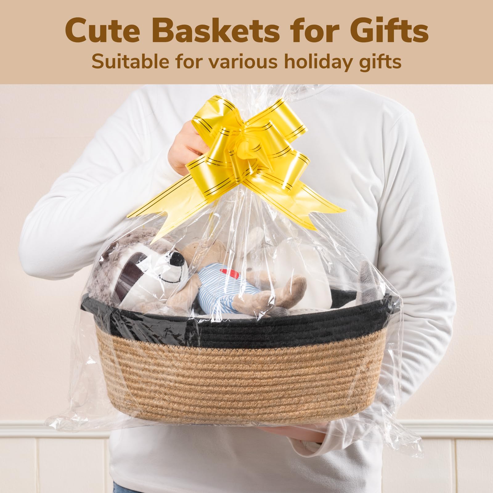Goodpick small woven basket side with handles shows easy portability.